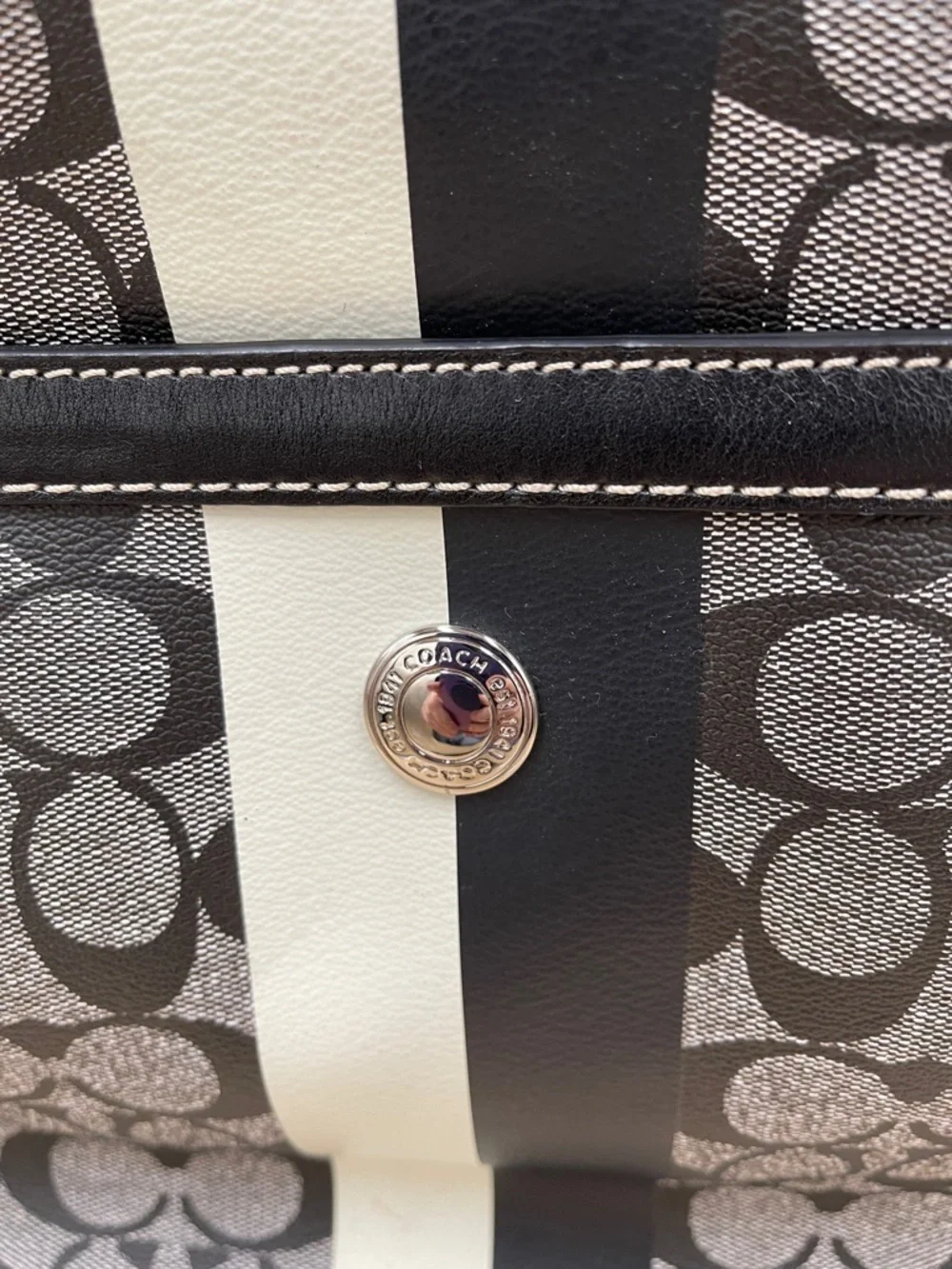 Coach Signature Stripe Tote Black and Light Gray Denim Canvas Look Work or Baby